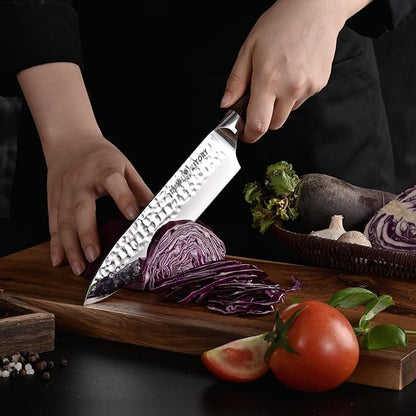 Kitory Chef Knife 8 Inch Professional Japanese Kitchen Knife HC Stainless Steel Hammered Ultra Sharp Blade Ergonomic Bamboo Handle for Home Restaurant Gift