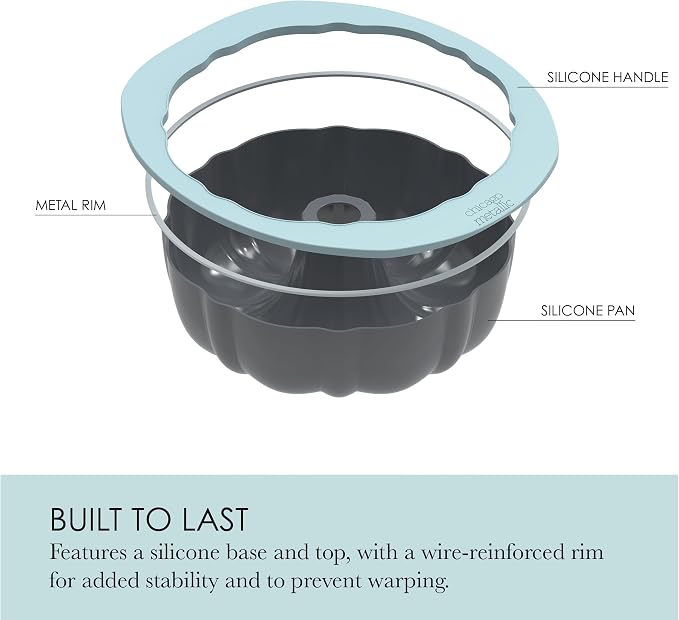 Chicago Metallic Silicone Fluted Cake Pan, 10 Inch Nonstick Bundt Cake Mold, Blue, Wire-Reinforced Rim, Oven Safe to 428F, Flexible Food-Grade Silicone Bakeware