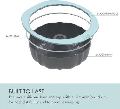 Chicago Metallic Silicone Fluted Cake Pan, 10 Inch Nonstick Bundt Cake Mold, Blue, Wire-Reinforced Rim, Oven Safe to 428F, Flexible Food-Grade Silicone Bakeware