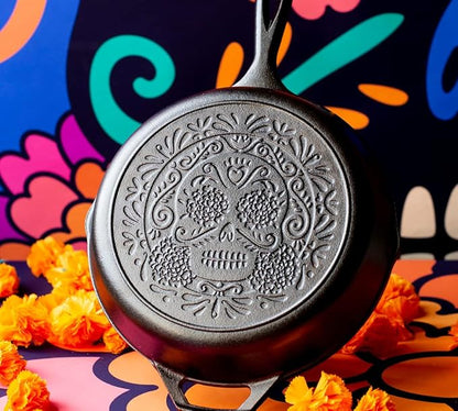 Lodge 10.25 Inch Pre-Seasoned Cast Iron Stamped Skillet - Signature Teardrop Handle - Use in the Oven, on the Stove, on the Grill, or Over a Campfire - Sugar Skull