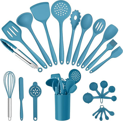 E-far Silicone Cooking Utensils Set, 25 Piece Kitchen Utensils with Holder, Non Toxic Kitchen Tools Spatula, Turner, Spoon, Ladle for Nonstick Cookware, Heat Resistant & Dishwasher Safe - Blue