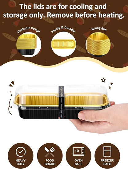 NEEBAKE 150 Pack 6.8 oz Disposable Mini Loaf Pans with Lids and Spoons - 6.5x2.5x1.2 Black Gold Aluminum Loaf Pans, Small Aluminum Tin Foil Baking Pan, Food Containers for Cakes, Bread, Loaves