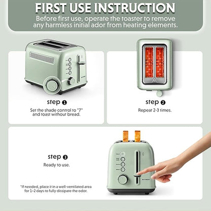 BUYDEEM DT620 2-Slice Toaster, 7 Shade Settings, Extra Wide 1.5'' Slots for Bagel & English Muffin, 6 Toasting Functions, Retro Stainless Steel Toaster with High Lift Lever, Cozy Greenish
