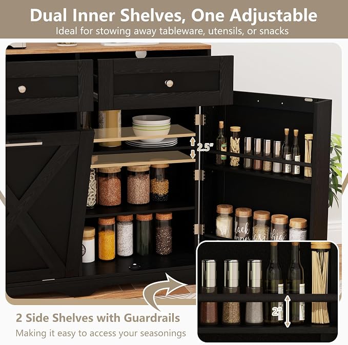 Giantex Kitchen Island with Tilt Out Trash Can Cabinet 10 Gallon, Power Outlet, 2 Drawers, Adjustable Shelves, Hidden Storage Garbage Bin Cabinet for Dining Room Laundry Room (Black+Walnut)