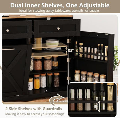 Giantex Kitchen Island with Tilt Out Trash Can Cabinet 10 Gallon, Power Outlet, 2 Drawers, Adjustable Shelves, Hidden Storage Garbage Bin Cabinet for Dining Room Laundry Room (Black+Walnut)