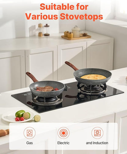 VEVOR Frying Pan Skillet，Nonstick Granite Egg Pan Omelet Pans, 3 Piece Set (9.5, 11, 12 in), Nonsitck Heavy-Duty Skillets with Heat-Resistant Handle, for Gas, Electric, Induction
