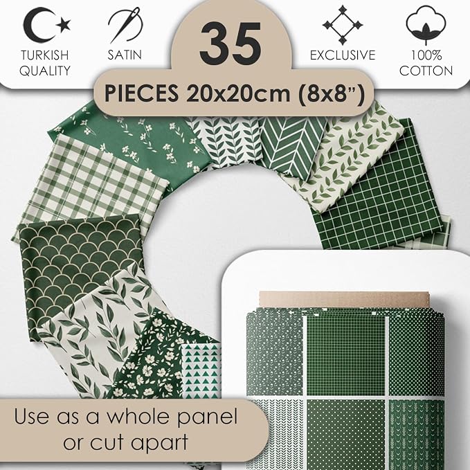 Cotton Satin Patchwork Fabric Panel – 35 Designs, 20×20 cm Squares, Single Piece 150×110 cm, Green Botanical Quilt Fabric (Forest Green Patchwork Set, 35pcs 8x8 inch)