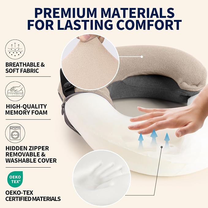 BUYUE Kids Travel Pillows for Airplane, Memory Foam 360° Head Support Sleeping Essentials for Long Flight, Skin-Friendly Soft Neck Pillow for Traveling in Car Seat, (Small, Beige Grey, 40-90 lbs)