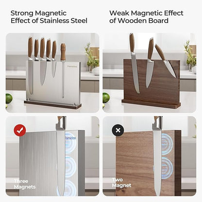 Magnetic Knife Block Without Knives,Stainless Steel Magnetic Knife Holder Rack for Kitchen Counter,Strong Double Sided Magnet Knife Storage Stand with Wood Base