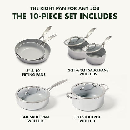 GreenPan Venice Pro 10 Piece Cookware Set, Stainless Steel Non-Toxic PFAS-Free with Ceramic Nonstick Coating, Induction Suitable, Glass Lids, Multi Clad, Dishwasher & Oven Safe, Silver