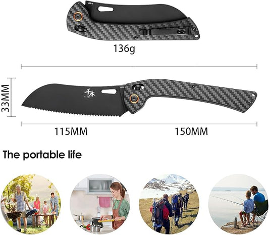SENBON foldable knife, AUS-8 stainless steel with black titanium plating, carbon fiber handle with back clip，bread knife