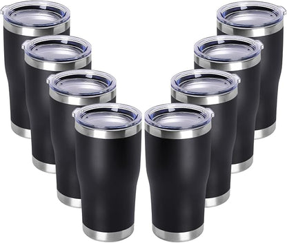 DOMICARE 20oz Tumbler with Lid Stainless Steel Tumblers Bulk, Double Wall Vacuum Insulated Coffee Travel Mug Powder Coated Tumbler, 8 Count (Pack of 1) Black
