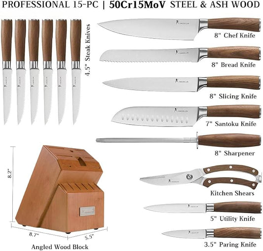Kangdelun Ultra Sharp 15-Piece Knife Set, 50Cr15MoV High-Carbon Stainless Steel, Torrefied Brown Ash Wood Handles, Angled Golden Brown Wood Block, Easy Hand Wash, Gift Box