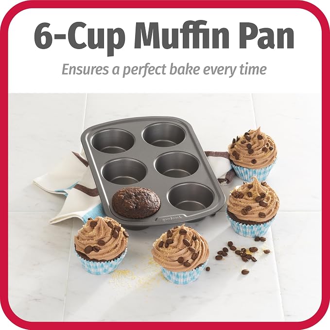 GoodCook Everyday Muffin Pan Nonstick Warp-Resistant Carbon Steel Construction, 6-Cup, Gray