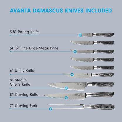 Messermeister Avanta Damascus 10-Piece Ebony Pakkawood Knife Block Set - Japanese Damascus Stainless Steel - 4 Speciality Knives, Heavy-Weight Fork, 4 Steak Knives & Magnetic Knife Block