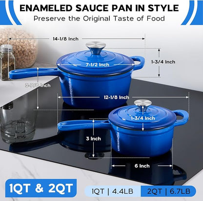 Onader 1QT & 2QT Saucepan Set with Lid, Enameled Cast Iron Sauce Pan Pot, Small Dutch Oven Cooking Kitchen Pot, Nonstick & Heavy Duty, Induction Compatible – Deep Blue
