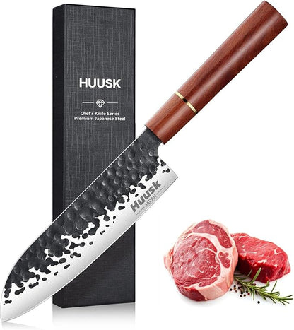 Huusk Japanese Santoku Chef Knife, Professional Chef Knife 7 Inch, Razor Sharp Kitchen Knives for Meat Cutting, Multipurpose Cooking Knives with Hand Forged Blade & Rosewood Handle, Ideal Gifts