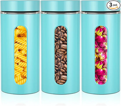 Mimorou 3 Pcs Stainless Steel Canister Set with Glass Windows Visible Storage Jars Silver Kitchen Canister Set for Pasta Flour Oat Sugar Container, Kitchen Tools, Housewarming Gifts(Turquoise,44 oz)