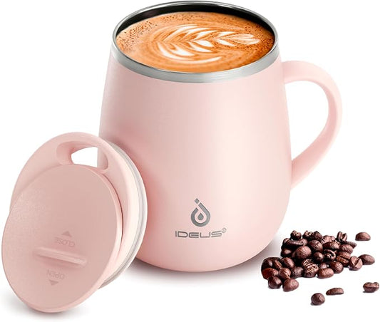 Ideus 16 oz Insulated Coffee Mug with Handle and Lid, Double Wall Stainless Steel Vacuum Thermal Coffee Mug, Travel Coffee Cup Thermal Cup for Home and Office, Sakura Pink