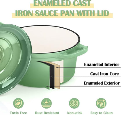 E-far Enameled Cast Iron Sauce Pan with Lid, 1 Quart Dutch Oven Saucepan, Mini Sauce Pot for Cooking, Boiling, Healthy & Non Toxic, Induction & Oven Safe, Pistachio Green
