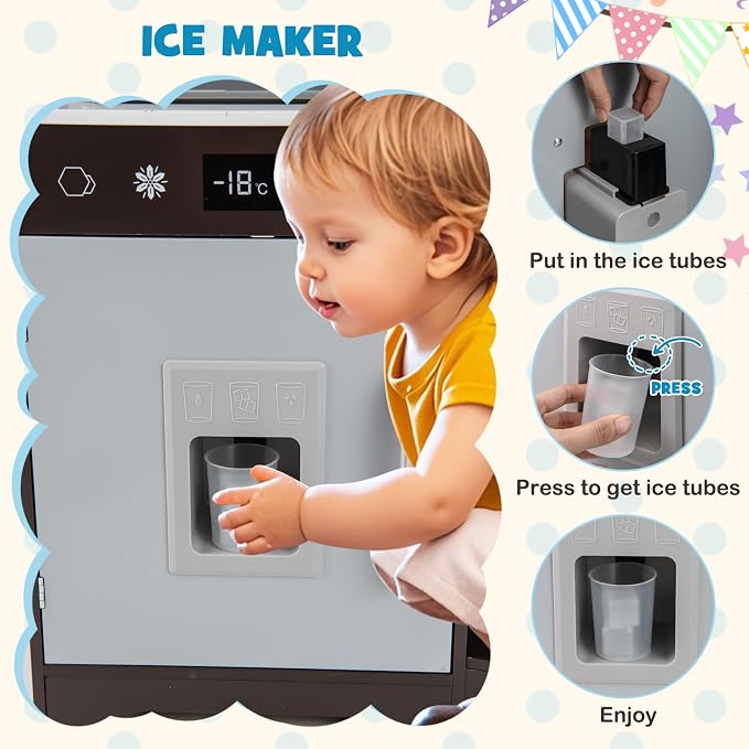Costzon Corner Kids Kitchen Playset, Wooden Toy Kitchen Set w/Lights & Sounds Range Hood, Ice Maker, Pretend Telephone, Sink, Faucet, Microwave, Oven, Play Kitchen for Kids 3+ (Brown)