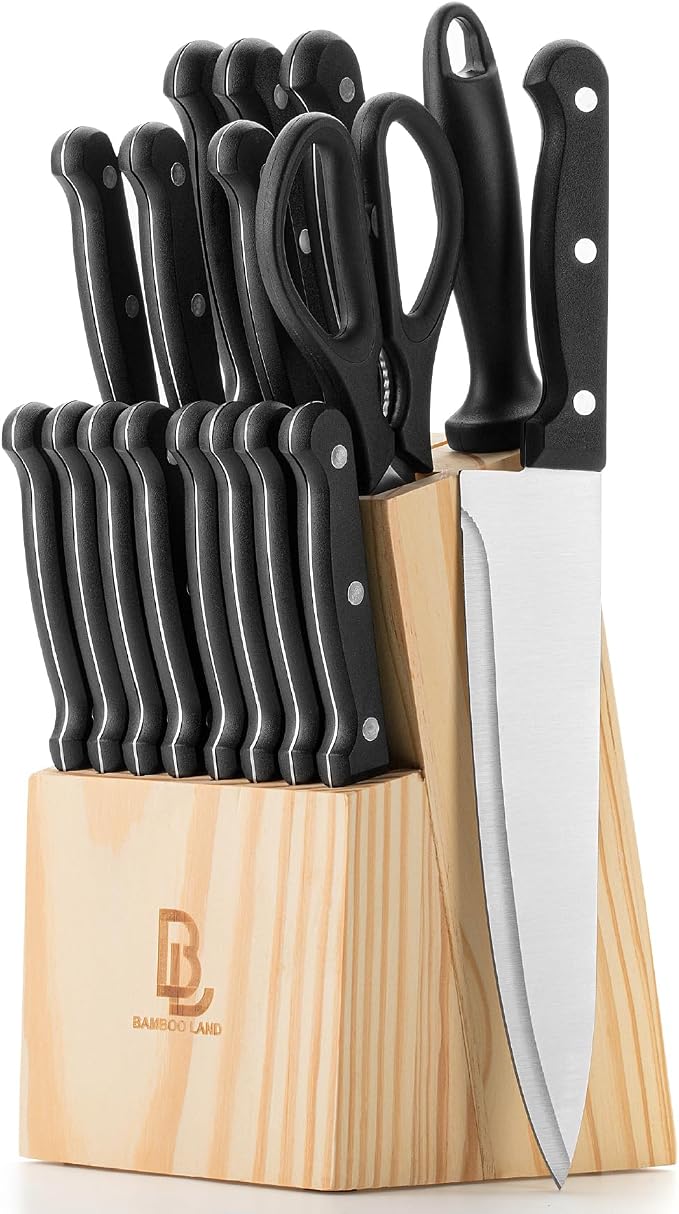 BAMBOO LAND- Kitchen Knife Set, 18 pcs, Stainless Steel Knife Set with Block and Sharpener