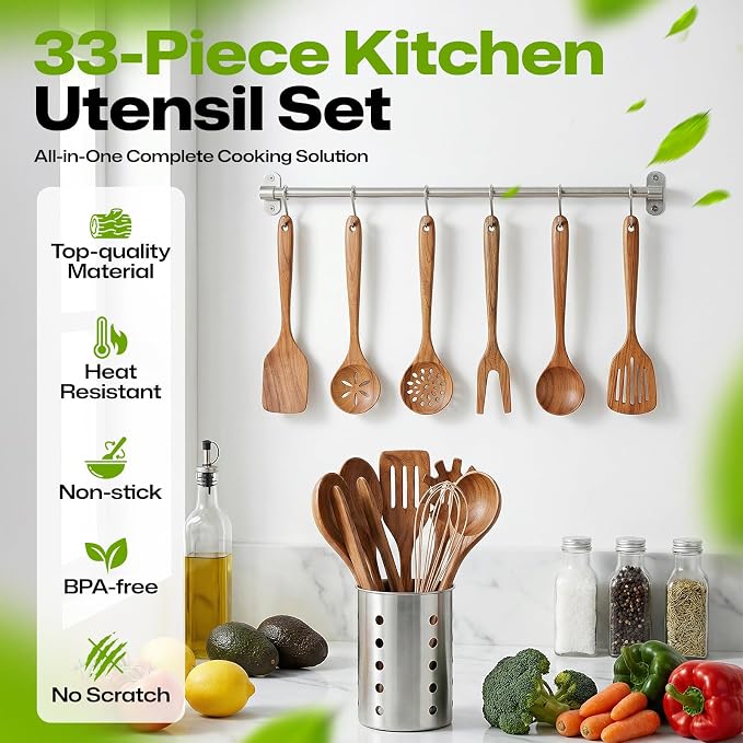 AIUHI Wooden Kitchen Utensil Set, Complete 33-Piece Wooden Cooking Utensil Set with Spoons, Spatulas, Measuring Tools & Storage, Non-Stick Safe Wooden Utensils for Kitchen
