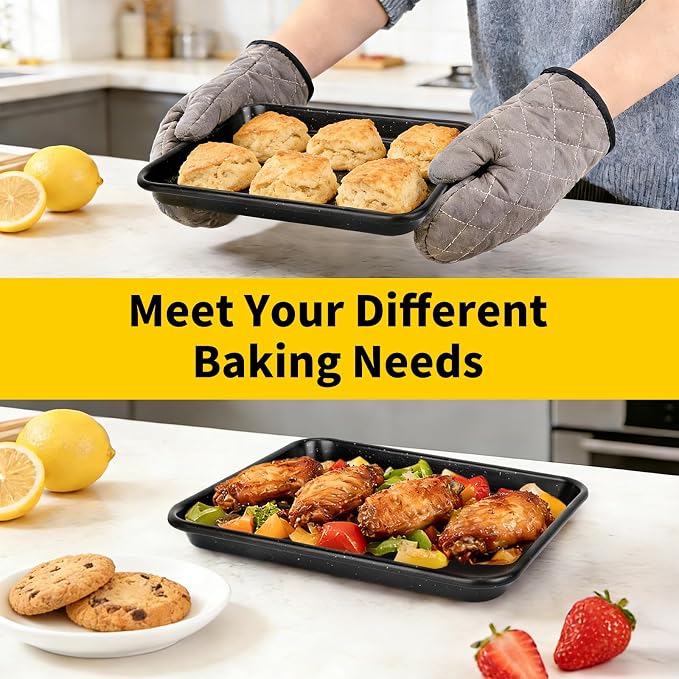 Beasea Small Baking Sheet Pan, 2 Pack 8.5x6.5 Inch Mini Small Cookie Sheets for Individual Baking Cooking Serving, Cookie Roll Cake Brownie Pan Tray for Oven - Black Speckle