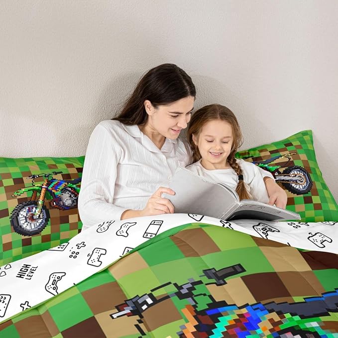 Manfei Cool Motorcycle Kids Comforter Toddler Size,Pixelated Geometric Grid Quilt Set for Kids Boys Girls Bedroom Decor,Miners Gamepad Bedding Set,Brown Green Duvet Insert,1 Pillowcase