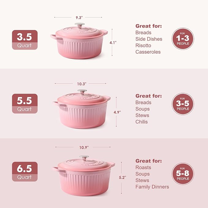 SENSARTE Enameled Cast Iron Dutch Oven Pot with Lid 3.5/5.5/6.5 Quart Heavy-Duty Round Dual Handles Kitchen Pot with Cotton Potholders & Silicone Trivet, Pot for Bread Baking, Stews, Braising, Roasting, Oven Safe, 6.5 Quart, Pink