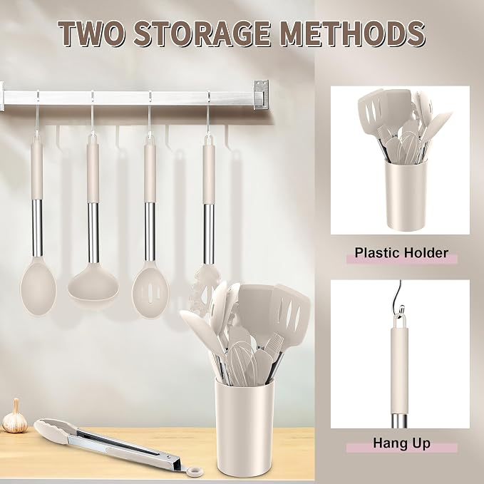 E-far Silicone Cooking Utensils Set, 14-Piece Khaki Kitchen Utensils Set with Holder, Kitchen Tools Spatulas with Stainless Steel Handle for Non-stick Cookware, Heat Resistant & Dishwasher safe
