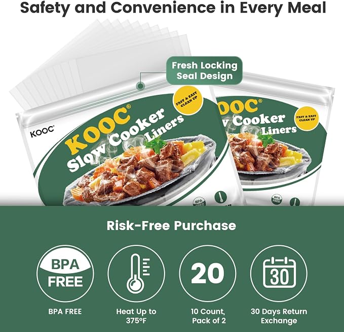 KOOC Slow Cooker Liners 11"x17" 20 count Middle Size Disposable Plastic Bags Pot Liners Cooking Bags Fit 3 qt to 4 qt Pot BPA Free