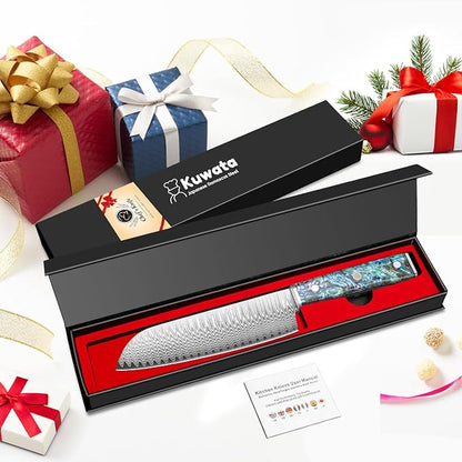 Damascus Santoku Knife, Japanese Knife 10Cr15MOV Blade with Hand Forged Hammer Pattern Chef Knife, Hand forged VG10 steel cooking knife, Ergonomic abalone shell G-10 handle with Gift Box