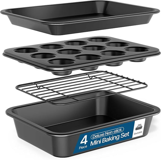 Bakken 4-Piece Bakeware Sets, Nonstick Carbon Steel Baking Sheet, Stackable Space-Saving Bakeware, Dishwasher Safe, Stain-resistant, PFOA, PFOS, & PTFE Free, Oven Safe Up To 450°F, Black