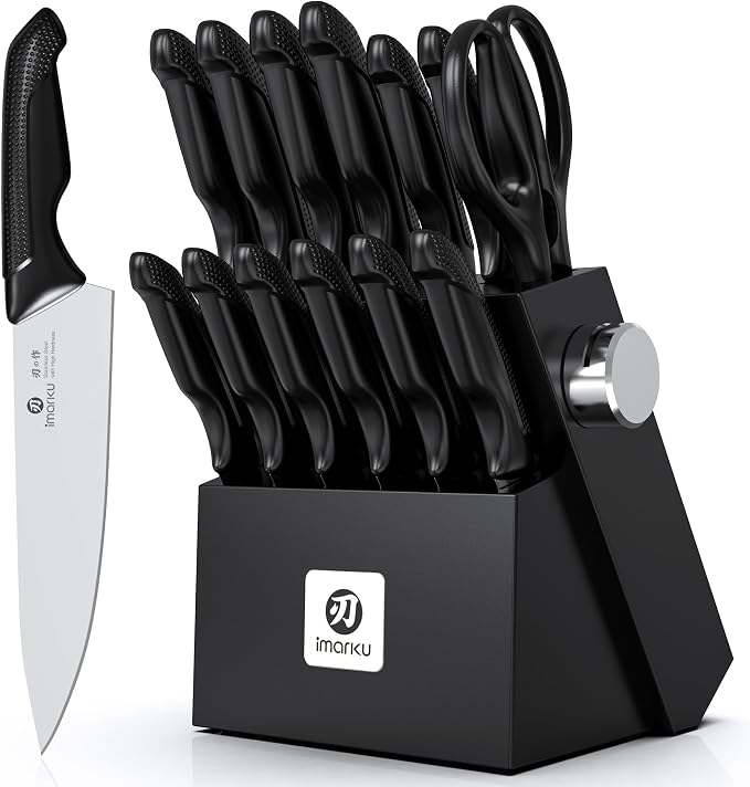 imarku 14-Piece Premium Knife Block Set, Black Kitchen Knife Set with Block and Build-in Sharpener, High-Carbon Stainless Steel Knives for Lasting Sharpness, Dishwasher Safe, Gift for Men