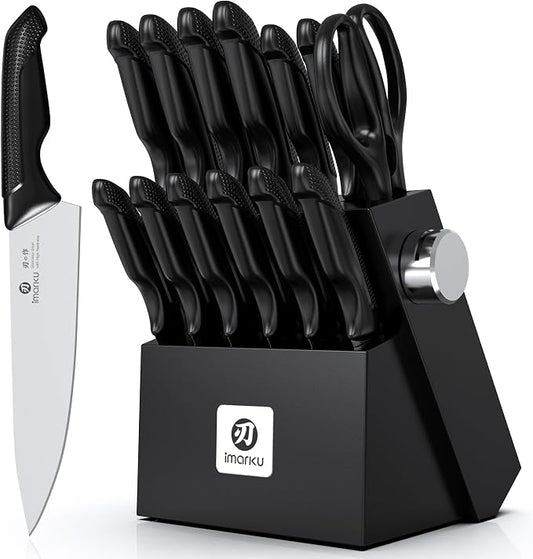 imarku 14-Piece Premium Knife Block Set, Black Kitchen Knife Set with Block and Build-in Sharpener, High-Carbon Stainless Steel Knives for Lasting Sharpness, Dishwasher Safe, Gift for Men
