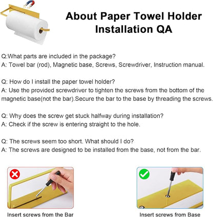 Gold Paper Towel Holder, Magnetic Paper Towel Holder for Fridge, Toilet Paper Roll Holder Magnet Towel Rack Wall Mount Fridge Organizer for Paper Towels Rolls Bathroom Pantry RV Kitchen Storage Golden