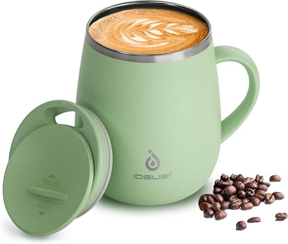 Ideus 16 oz Insulated Coffee Mug with Handle and Lid, Double Wall Stainless Steel Vacuum Thermal Coffee Mug, Travel Coffee Cup Thermal Cup for Home and Office, Avocado Green
