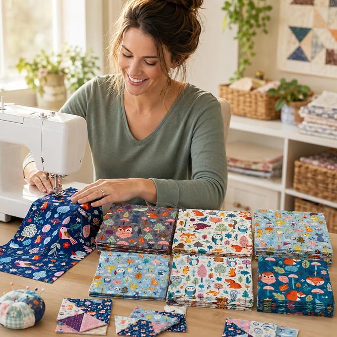 DMFR Woodland Animal Fabric Squares 5 x 5 Inch, 42 Pcs Cotton Precut Quilting Fabric Charm Pack, Forest Fox Owl Hedgehog Mushroom Quilt Squares for Kids Sewing, Patchwork, DIY Crafts