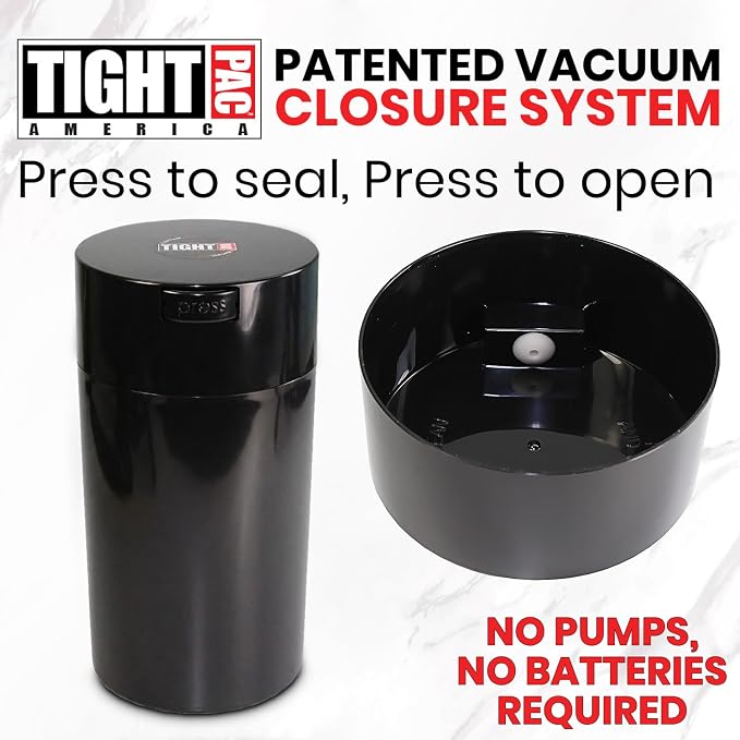 Tightvac 3 to 12 Ounces Airtight Smell Proof Container - Patented Vacuum Seal, Storage for Coffee, Herbs, Tea, Spices, Dry Goods - Odor Resistant Vacuum Jar, Black