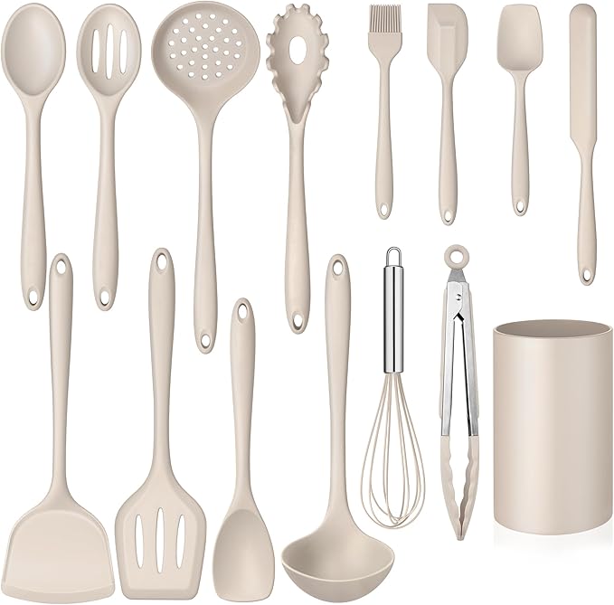 Homikit 15-Piece Kitchen Cooking Utensils Set with Holder, Heat Resistant Food Grade Silicone Kitchen Utensils include Slotted Spatula Ladle Turner for Nonstick Cookware, Dishwasher Safe- Khaki