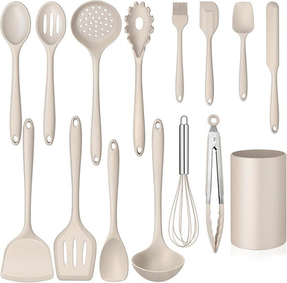 Homikit 15-Piece Kitchen Cooking Utensils Set with Holder, Heat Resistant Food Grade Silicone Kitchen Utensils include Slotted Spatula Ladle Turner for Nonstick Cookware, Dishwasher Safe- Khaki