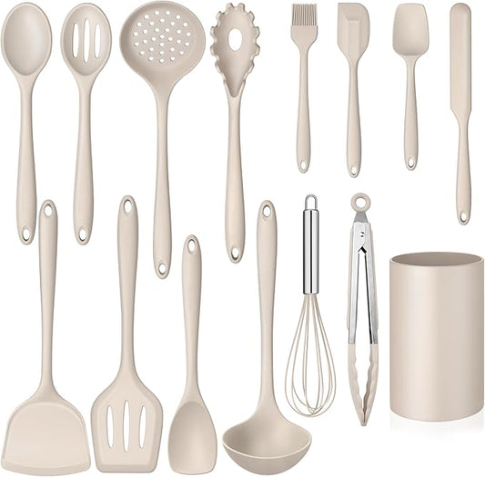 Homikit 15-Piece Kitchen Cooking Utensils Set with Holder, Heat Resistant Food Grade Silicone Kitchen Utensils include Slotted Spatula Ladle Turner for Nonstick Cookware, Dishwasher Safe- Khaki