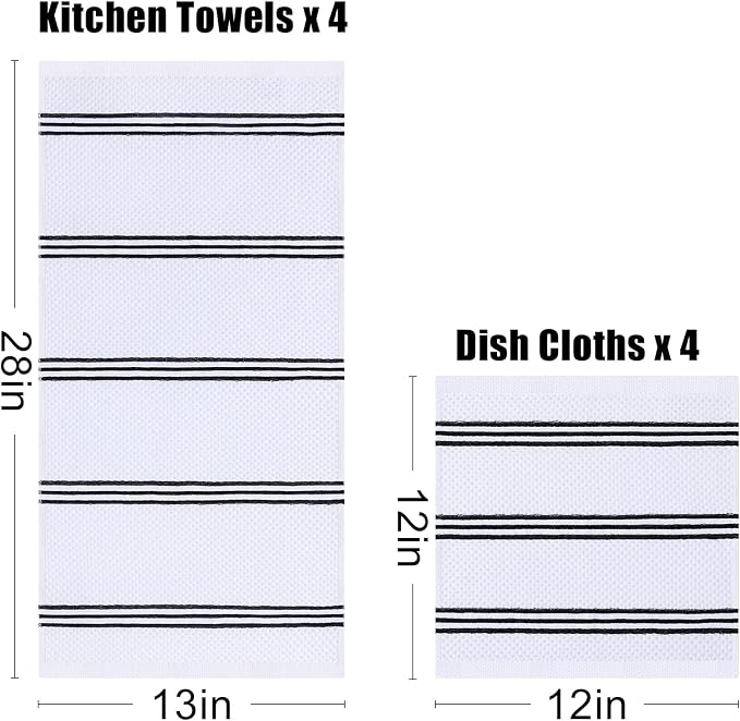 Homaxy Kitchen Towels and Dishcloths Set, 12 x 12 and 13 x 28 Inches, Set of 8 Premium Cotton Waffle Weave Kitchen Towels, Super Soft and Absorbent Dish Cloths, White & Black Stripes