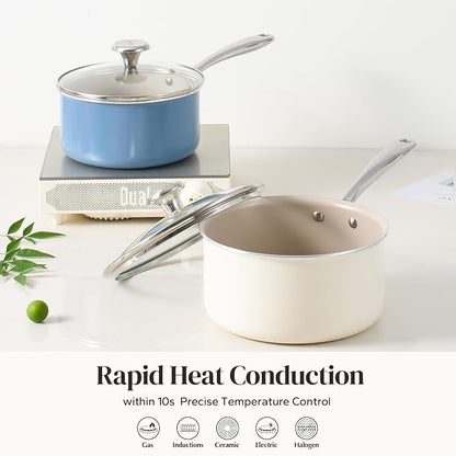 Redchef Nonstick Ceramic Sauce Pan with Lid, 2.5QT Small Cooking Pot with Stay-Cool Handle, Kitchen Non Toxic Soup Pot, PTFE & PFOA Free, Oven & Dishwasher Safe, Compatible with All Stovetops-Blue