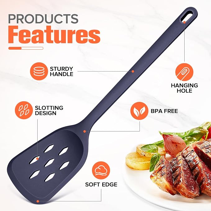 Silicone Cooking Spatula&Slotted Spatulas, Pack of 2,Solid Turner Kitchen Utensils Set for Cooking,Frying, Baking, Flipping, Turning,Heat Resistant 450℉ (BLUE)