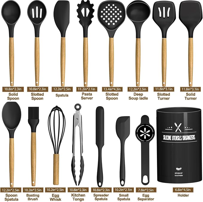 Kitchen Utensils Set, AIKKIL16 Pcs Cooking Utensils Set with Holder, Heat Resistance, Black Wooden Handle Silicone Kitchen Gadgets Utensil Set for Nonstick Cookware