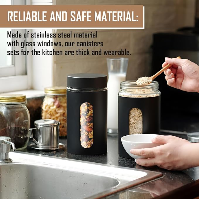 Mimorou 3 Pcs Stainless Steel Canister Set with Glass Windows Visible Storage Jars Silver Kitchen Canister Set for Pasta Flour Oat Sugar Container, Kitchen Tools, Housewarming Gifts(Black,32 oz)