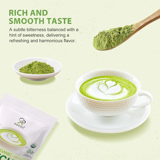 Soeos Organic Matcha Powder, Matcha Green Tea Powder, 2 oz (57g), Antioxidant-Rich Matcha Powder for Lattes, Smoothies and Baking, Recyclable Bags