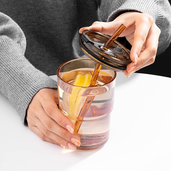 BLUEPOLAR 13 oz Tumbler Water Glass, Water Bottle with Straw and Dustproof Lid, Coffee Ice Cup Double Wall Insulated Glass Cup (Amber-4pack)